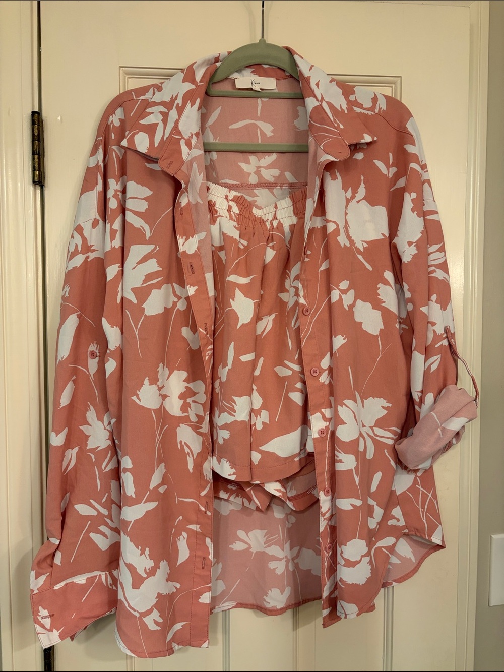 Women's Salmon Pink Floral Button-Down Shirt with Matching Shorts